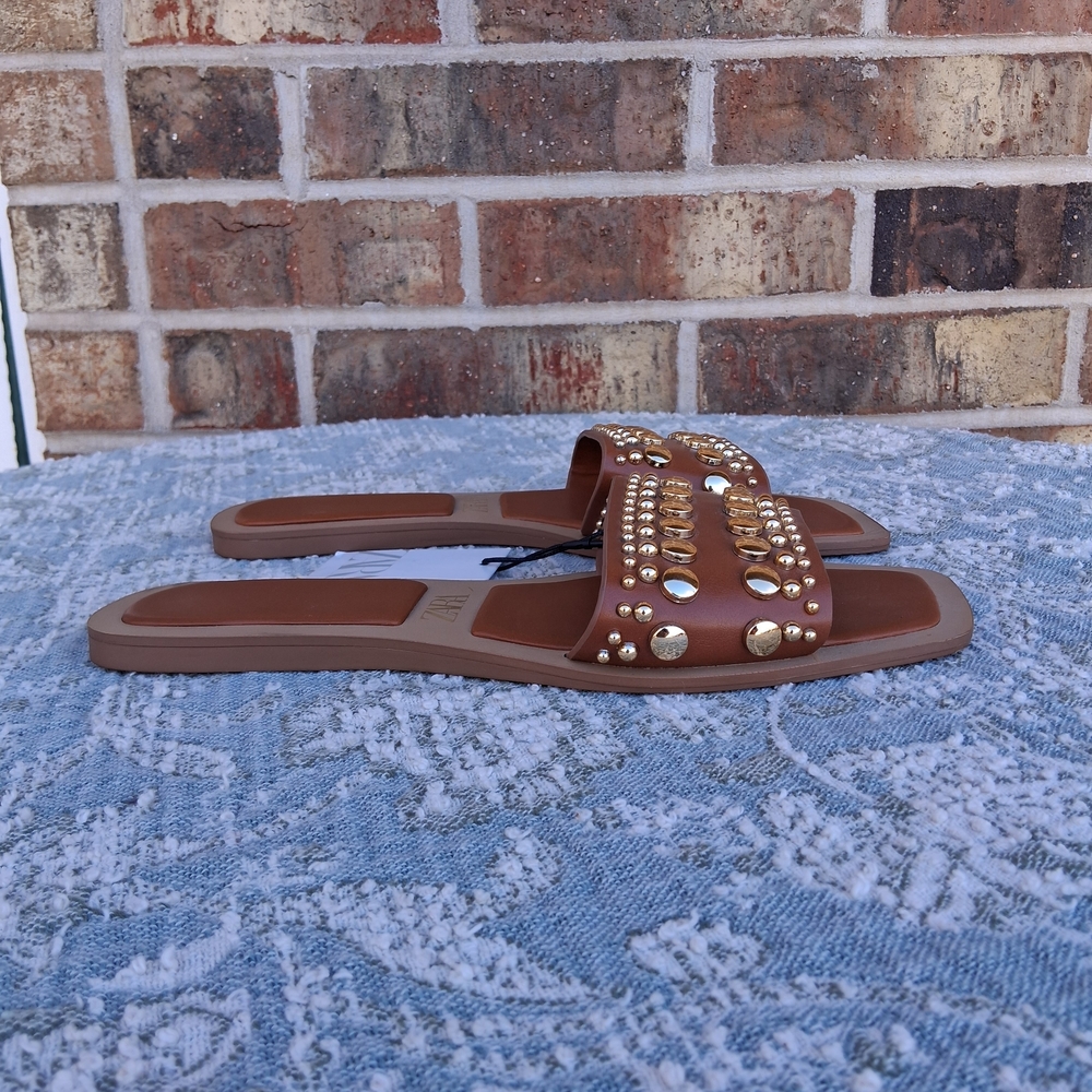 🌴 NWT Zara Brown Gold Studded Women's Sandals Sz. 40/9 - Picture 5 of 8